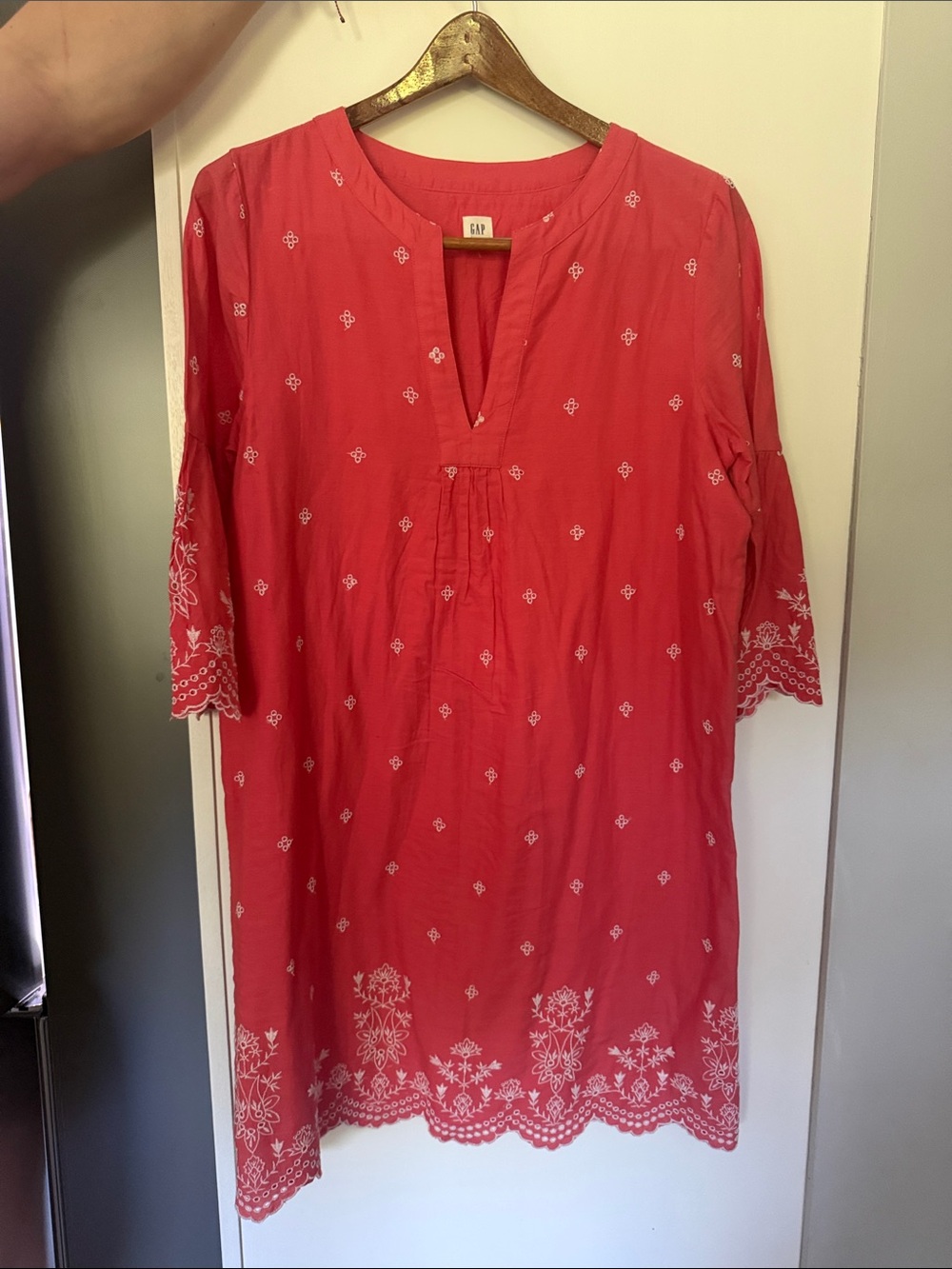 GAP Coral Red Tunic Dress with White Embroidery